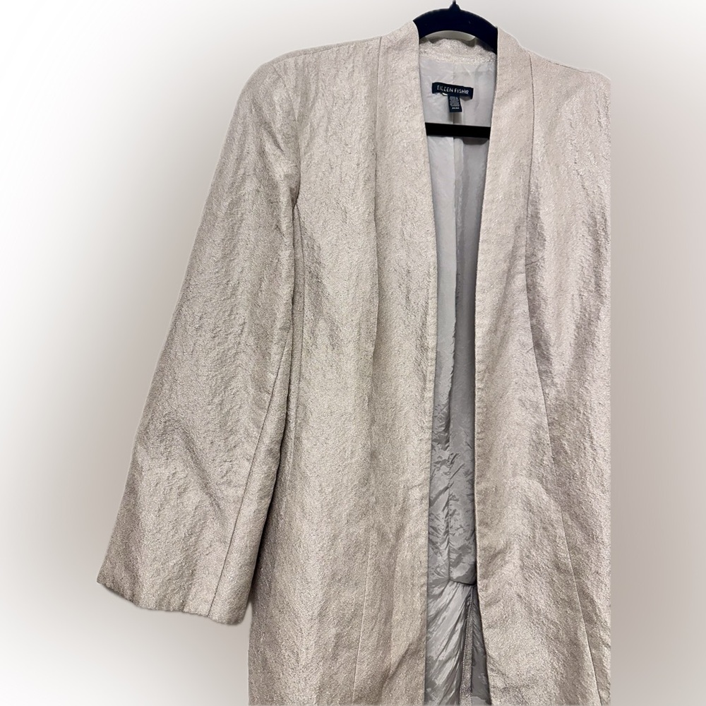 Eileen Fisher Open Front Textured Blazer Jacket Neutral Taupe Silk Blend Size M - Picture 4 of 9